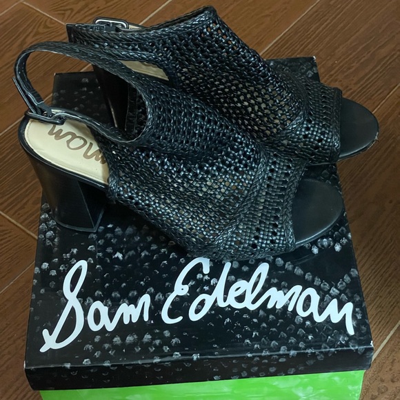 SAM EDELMAN EVIE BLACK shoes WOVEN OPEN TOE SLING BACK HEELS size 9.5 sandals - Picture 14 of 16